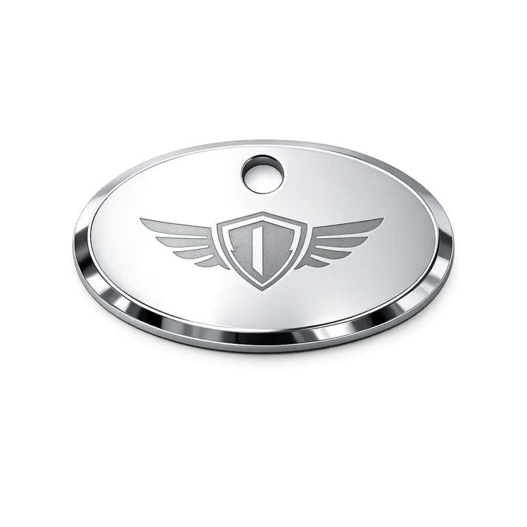 An oval-shaped logo tag made from mirror polished anodized aluminum, showcasing a chamfered edge, an etched emblem without lettering, and a single central hole for versatile attachment. Perfect for modern product branding.
