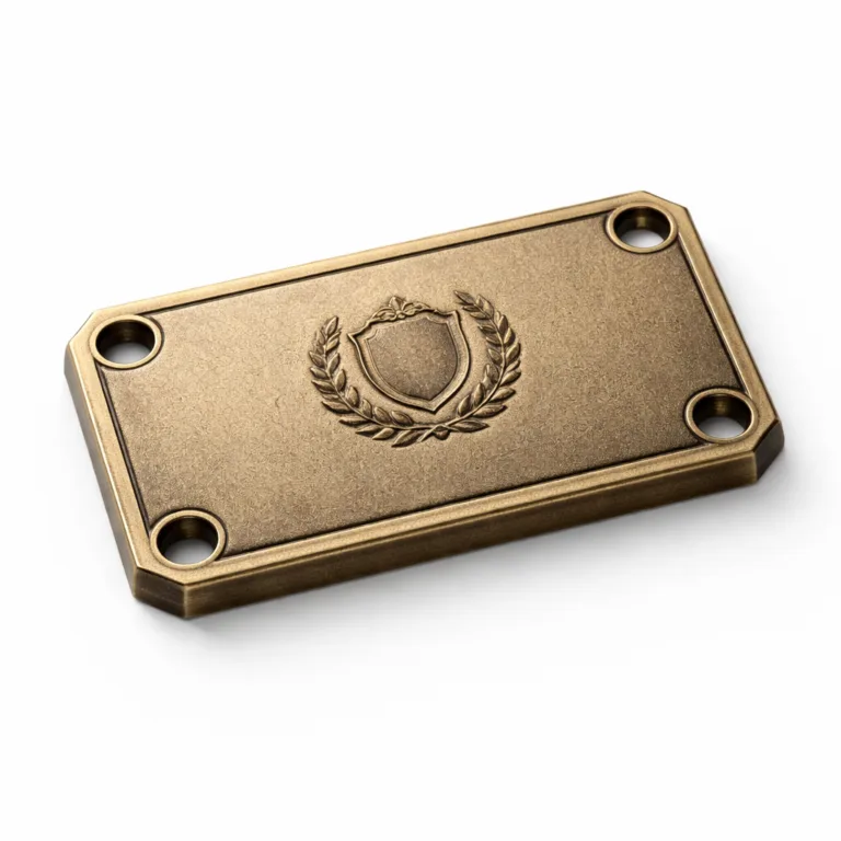 Robust antique brass logo tag showcasing chamfered edges, a sandblasted matte finish, debossed blank emblem, and multiple sewing holes, perfectly lit for a commercial product image.
