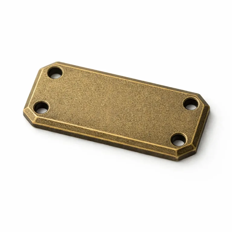 Antique brass logo tag with a sandblasted matte surface and chamfered edge. Features double sewing holes for versatile attachment, photographed for optimal clarity and detail.