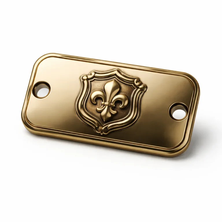 Elegant antique brass logo tag with a glossy mirror-polished surface, embossed emblem for tactile branding, gently rounded corners, and double sewing holes for easy attachment.