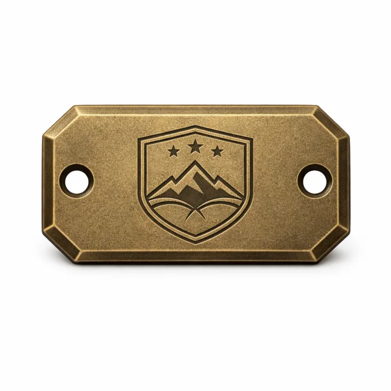 An e-commerce photo of an antique brass logo tag with a sandblasted matte texture. The tag features a beveled edge and a subtle emblem outline produced by etching.