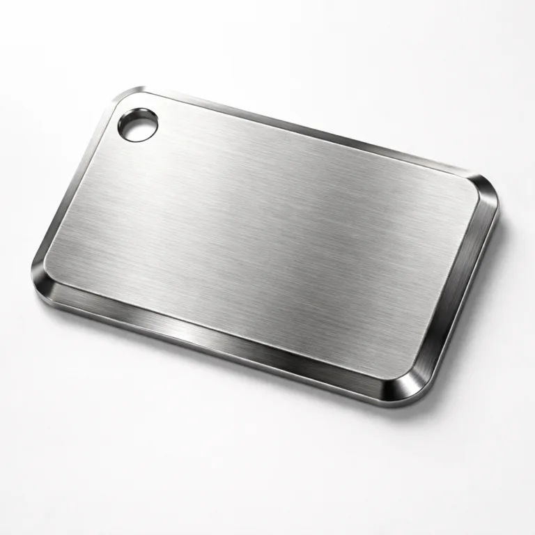 A die-cast logo tag with a brushed stainless steel appearance, beveled edge for a refined detail, and a blank emblem shape precision laser engraved on the front. Ideal for classic and modern branding applications.