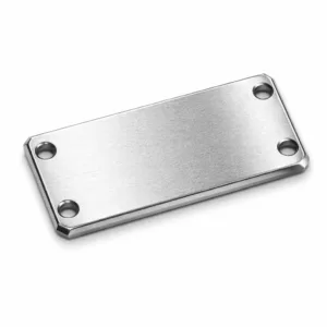 A sleek logo tag manufactured from brushed stainless steel, featuring a sandblast matte texture, beveled edges, and double mounting holes for secure attachment. The tag is ideal for professional branding on fashion or equipment.