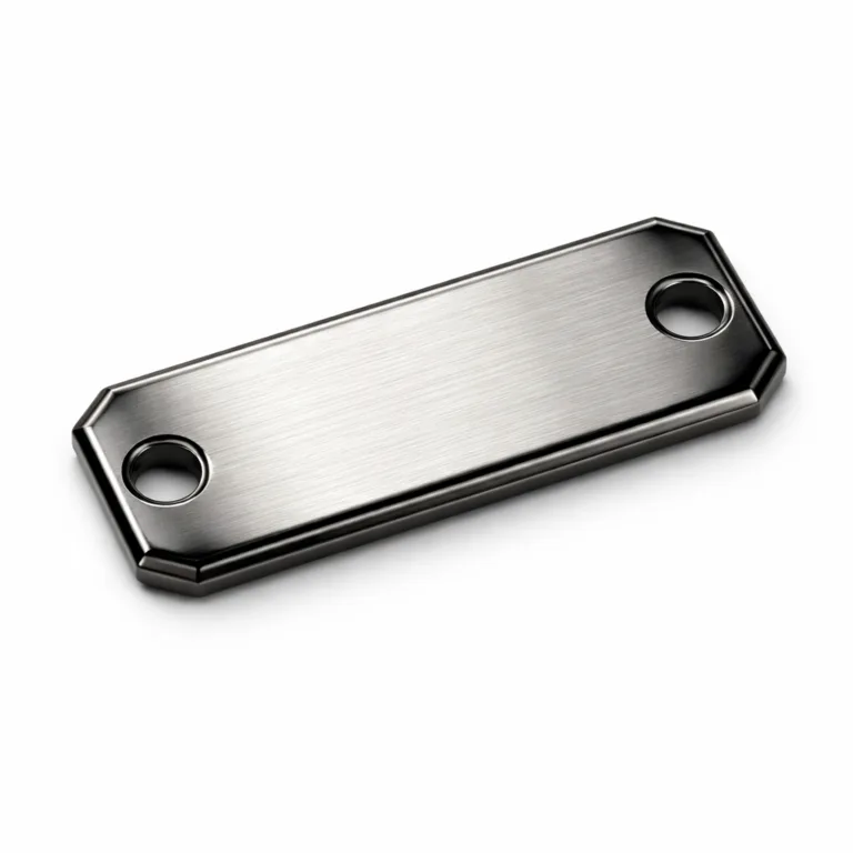 Rectangular logo tag in brushed stainless steel with beveled edges, double holes for secure mounting, and a black nickel etched finish. Ideal for durable brand labeling applications.