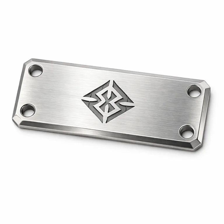 A rectangular cut-out logo tag made from brushed stainless steel, featuring beveled edges, a laser engraved emblem (no readable text), and double mounting holes for secure attachment. Perfect for showcasing durable and modern branding.