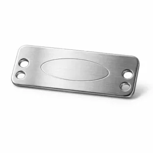 A modern brushed stainless steel logo tag featuring rounded corners, subtle central blank emblem embossing, and dual holes for easy attachment, photographed in high realism for e-commerce display.