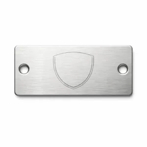 A realistic image of a brushed stainless steel rectangular logo tag, featuring a laser-engraved emblem and two precise mounting holes, perfect for branding or identification.