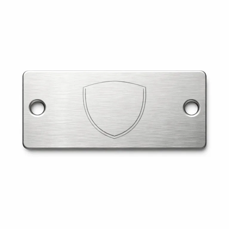 A realistic image of a brushed stainless steel rectangular logo tag, featuring a laser-engraved emblem and two precise mounting holes, perfect for branding or identification.