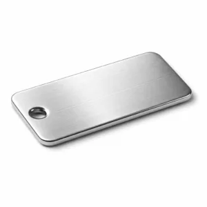 A durable debossed logo tag manufactured from brushed stainless steel, featuring rounded corners and a single hole for easy attachment. Ideal for use as a logo nameplate or identification tag.