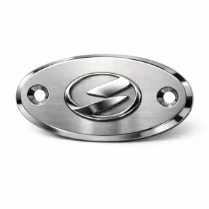 A realistic brushed stainless steel logo tag featuring a mirror polished surface, beveled edge detailing, and double mounting holes for secure attachment. The logo area is raised in a blank emblem style, ideal for branding applications.