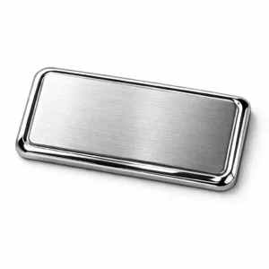 High realism product photo of an embossed logo tag crafted from brushed stainless steel. The tag features a mirror polished surface and rounded corners, showcasing quality for branding applications. Ideal for main e-commerce images.