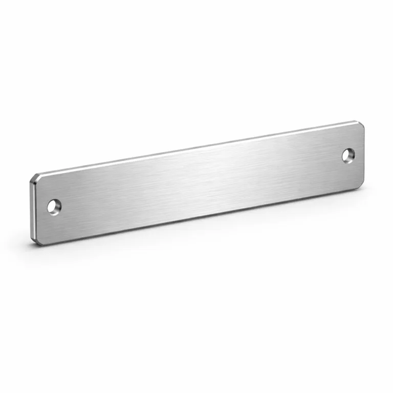 A minimalist logo nameplate crafted from brushed aluminum, featuring a refined beveled edge and double mounting holes. Blank emblem area is laser engraved for subtle logo presentation, perfect for commercial use.