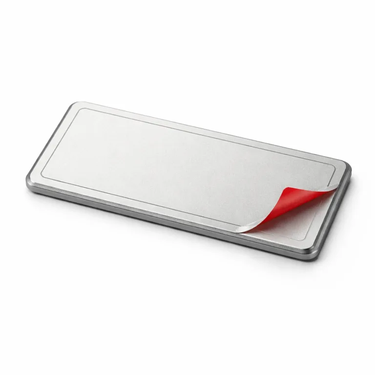 A minimalist photo of a logo tag crafted from anodized aluminum with a matte finish and beveled edges. The surface features a delicate laser engraved logo outline and the adhesive backing is partially shown for clarity.