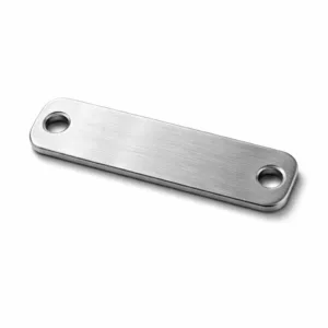 A sleek, rectangular brushed stainless steel logo tag, featuring a smooth brushed finish and double holes at each end for easy attachment, photographed on a clean white background.