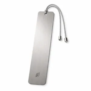 Bookmark Tags 2 A long bar bookmark tag manufactured from brushed stainless steel, featuring gently rounded corners and a subtle, non-branded laser engraved emblem for a refined metallic look.