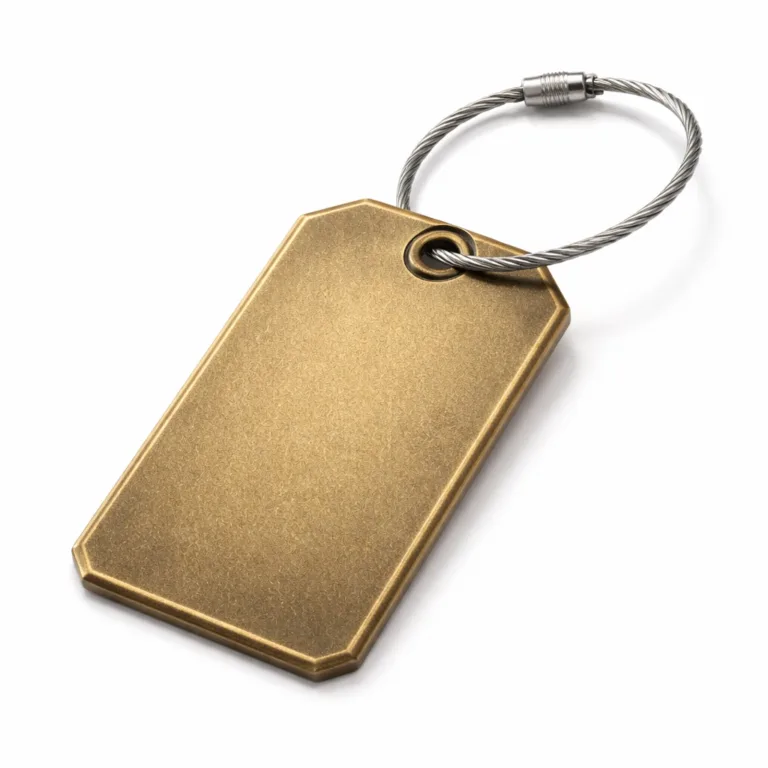 A luggage tag manufactured from antique brass, featuring a subtle sandblasted matte texture and chamfered edges. Secured with a stainless steel split ring.