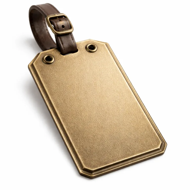 Detailed image of an antique brass luggage tag featuring a sandblasted matte surface, chamfered edging, and double rivet holes for secure mounting. The matte brass delivers a classic vintage aesthetic.