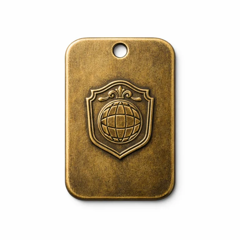 Classic luggage tag in a rounded rectangle silhouette, finished in antique brass and enhanced with an embossed emblem feature on the front, single hole for split ring attachment.