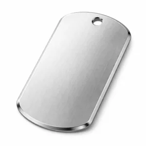 Premium luggage tag manufactured from durable brushed stainless steel, featuring a modern beveled edge and single hole for chain or ring attachment. Designed for high visibility and robust use.