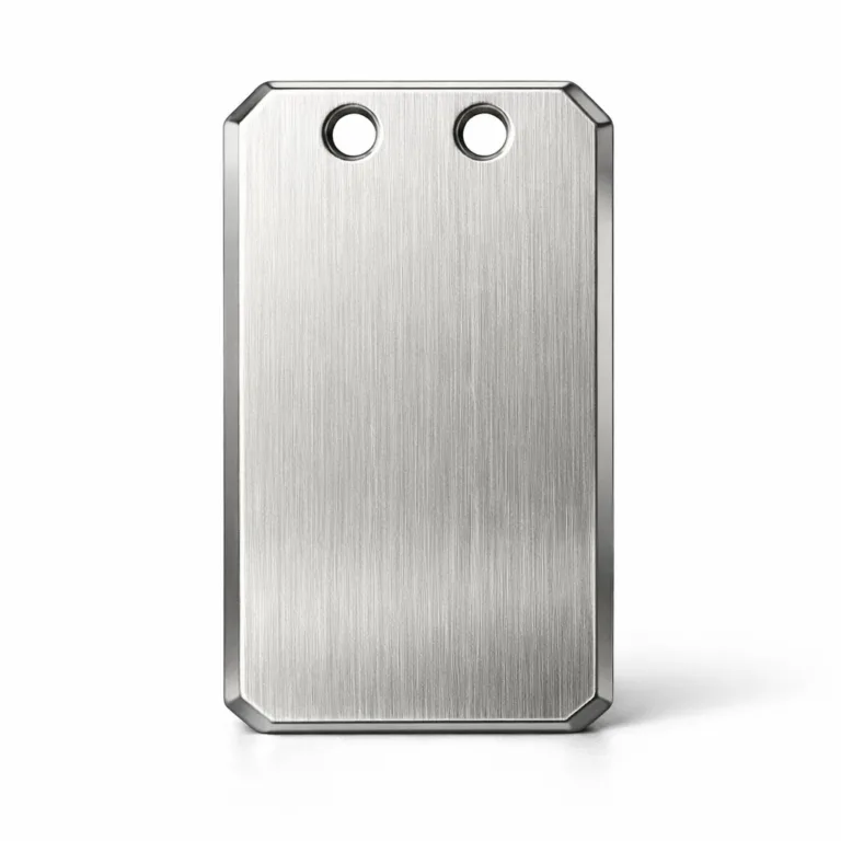 Realistic product photo of a brushed stainless steel luggage tag featuring a beveled edge and double top holes for attachment. The tag has a sleek brushed surface and modern metallic appearance, perfect for travel gear.
