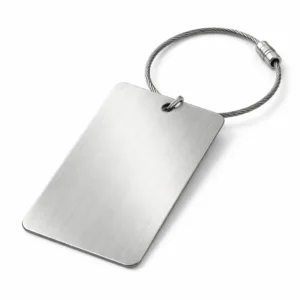 A luggage tag crafted from brushed stainless steel, featuring a satin-brushed texture and rounded corners. Includes a stainless steel split ring for secure attachment.