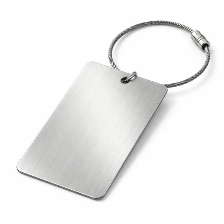 A luggage tag crafted from brushed stainless steel, featuring a satin-brushed texture and rounded corners. Includes a stainless steel split ring for secure attachment.