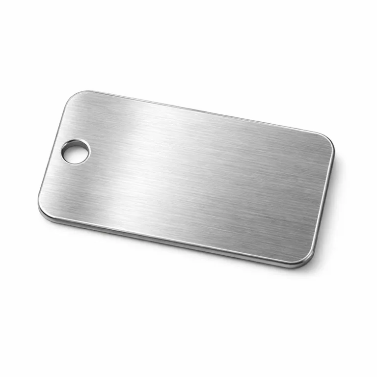 A sleek brushed stainless steel luggage tag featuring rounded corners and a single hole for split ring attachment. Ideal for modern travel accessories, showcasing durability and refined aesthetics.