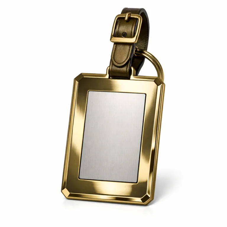 A premium antique brass plated bag tag with a mirror polished surface and beveled edges. Features a laser etched area in the center for custom emblem placement, offering a classic yet modern look.