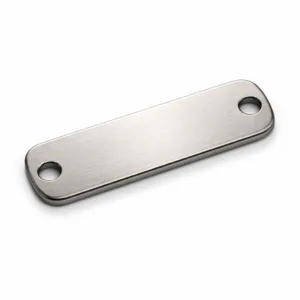 Matte nickel bracelet tag with a stainless steel base. The surface is brushed for a premium look, edges are rounded for wearing comfort, and it features two small sewing holes for easy attachment. Ideal for bracelets requiring durable identification tags.