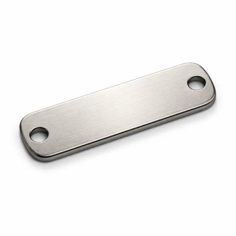 Matte nickel bracelet tag with a stainless steel base. The surface is brushed for a premium look, edges are rounded for wearing comfort, and it features two small sewing holes for easy attachment. Ideal for bracelets requiring durable identification tags.
