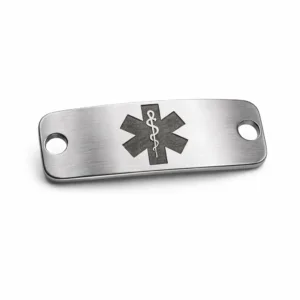 A brushed stainless steel medical alert bracelet tag featuring highly detailed laser engraving on the front and smoothly rounded corners. This version includes a single precision-cut hole on each side for attaching to a bracelet chain.