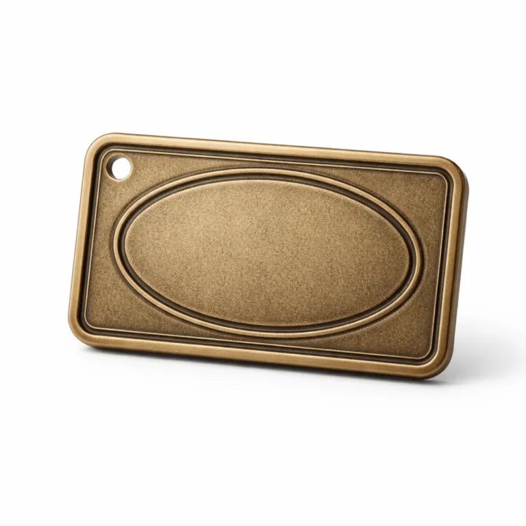 Studio shot of an antique brass metal bag tag nameplate, featuring a sandblasted matte texture and a debossed blank emblem. Designed with one hole for easy strap or chain application.