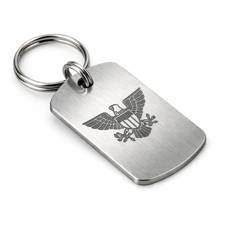 High realism studio photo of a brushed stainless steel bag tag nameplate, featuring rounded corners and a blank emblem created with laser engraving. Includes a split ring for attachment. Ideal for modern luggage or bags.