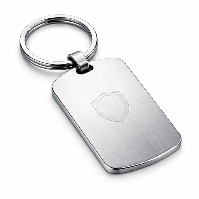 A brushed stainless steel keychain tag featuring rounded corners, attached to a split ring. Subtle laser engraved blank emblem adds detail, making it highly durable and sleek for everyday use.