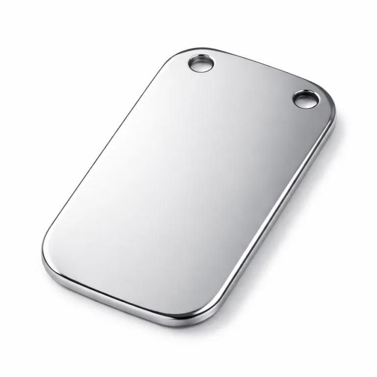 Micro-Text ID Dog Tag crafted from lightweight anodized aluminum with a mirror polished surface, rounded corners for comfort, and double holes to allow versatile chain attachment.