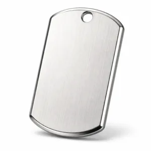Micro-Text ID Dog Tag manufactured from brushed stainless steel featuring a refined beveled edge and a single hole for chain or ring attachment. Combines durability with a sleek commercial look.