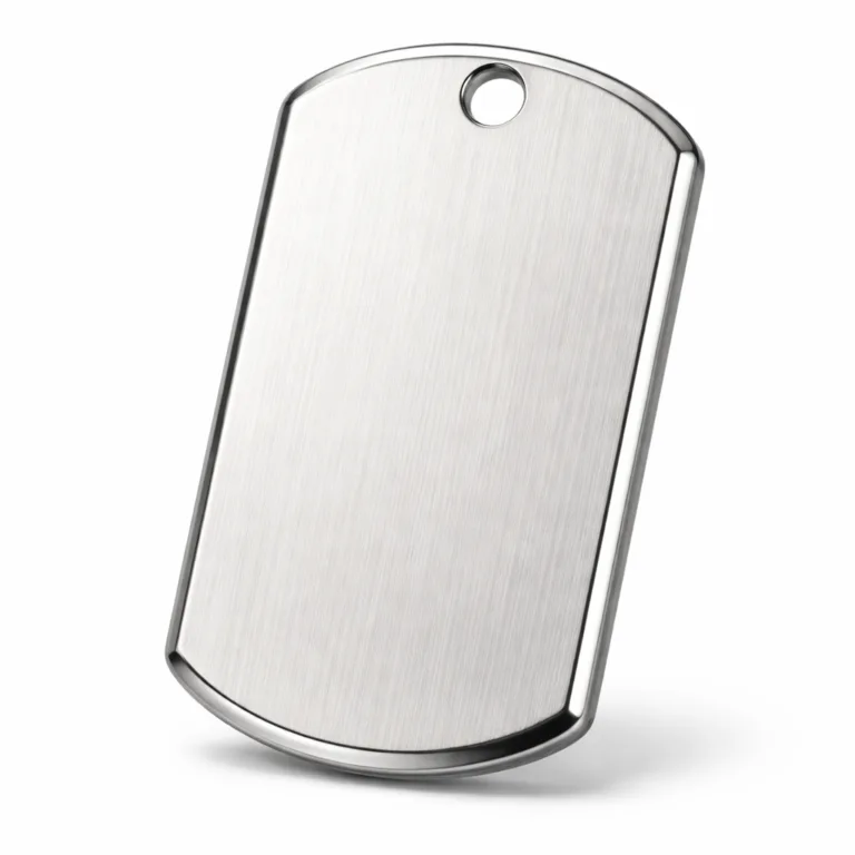 Micro-Text ID Dog Tag manufactured from brushed stainless steel featuring a refined beveled edge and a single hole for chain or ring attachment. Combines durability with a sleek commercial look.