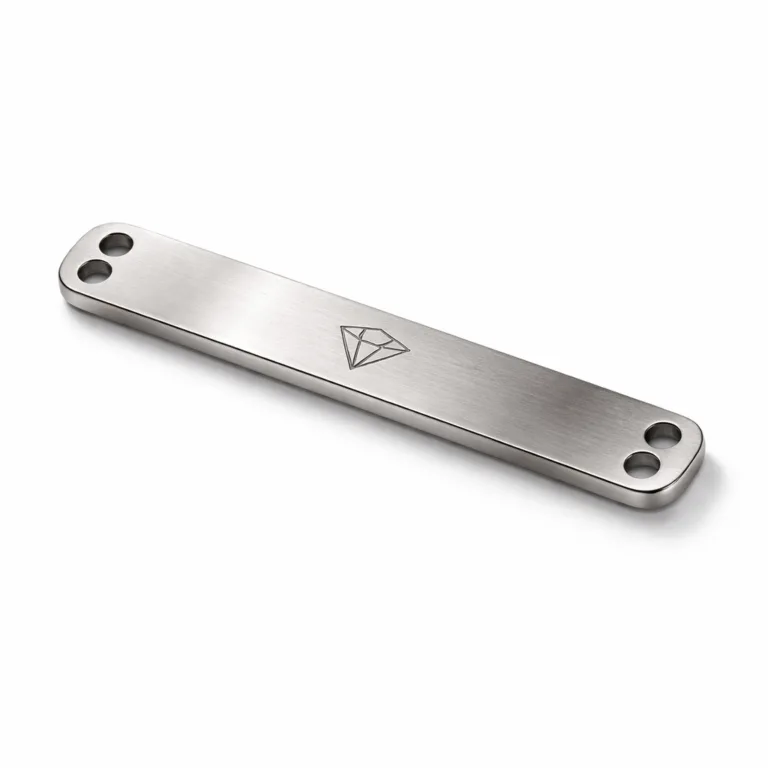 Minimal bar-style bracelet tag made from brushed stainless steel with a clean beveled edge, two rounded holes for easy attachment, and a subtle laser engraved emblem for aesthetic appeal. Ideal for custom jewelry applications.