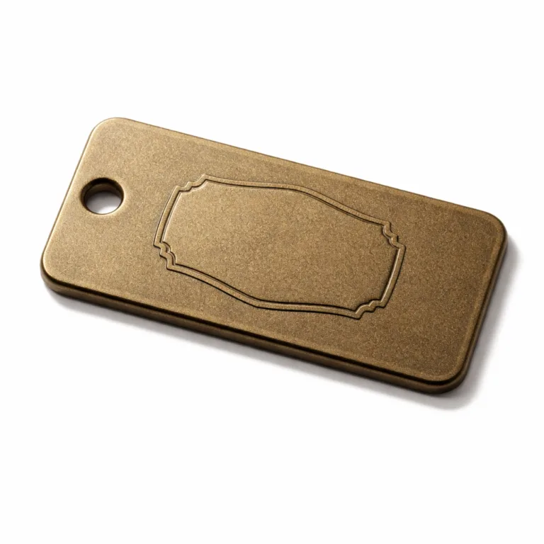 A rectangle bag tag with an antique brass look, sandblasted matte surface, and rounded corners. The front displays a raised blank emblem for identity, plus a single hole for attachment.