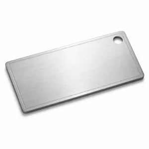 A brushed stainless steel rectangle bag tag featuring a single corner hole for secure attachment. The surface includes a subtle laser engraved border, giving it a clean and professional appearance.