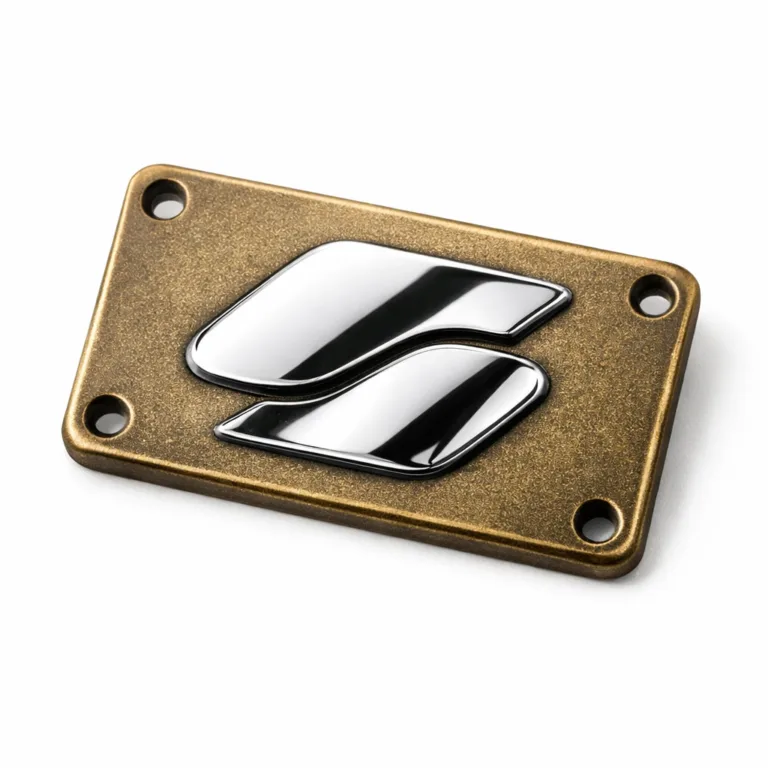 A logo tag crafted from zinc alloy with an antique brass effect, featuring a sandblasted matte finish and embossed logo. Rounded corners offer a refined look, photographed solo in a high-detail e-commerce style.