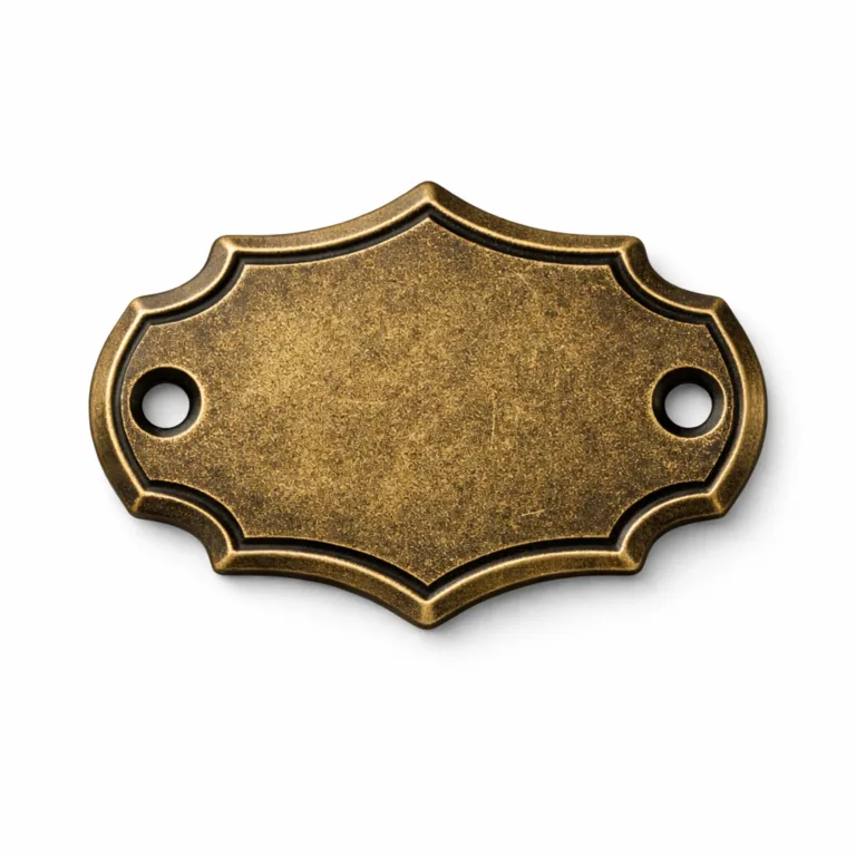 An elegant antique brass garment tag showcasing a debossed emblem, chamfered edges, and double sewing holes, studio-lit for clear product viewing.