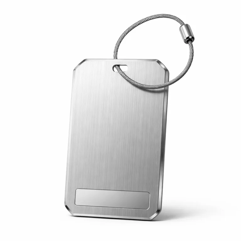 A durable anodized aluminum bag tag in a brushed finish, featuring vertical grain and beveled edges for a modern aesthetic. Optimized for clear branding and rugged daily use.
