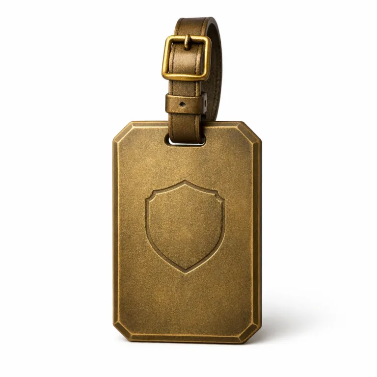 This antique brass bag tag features a sandblasted matte surface and chamfered edges, along with a debossed blank emblem, combining a vintage look with practical durability.