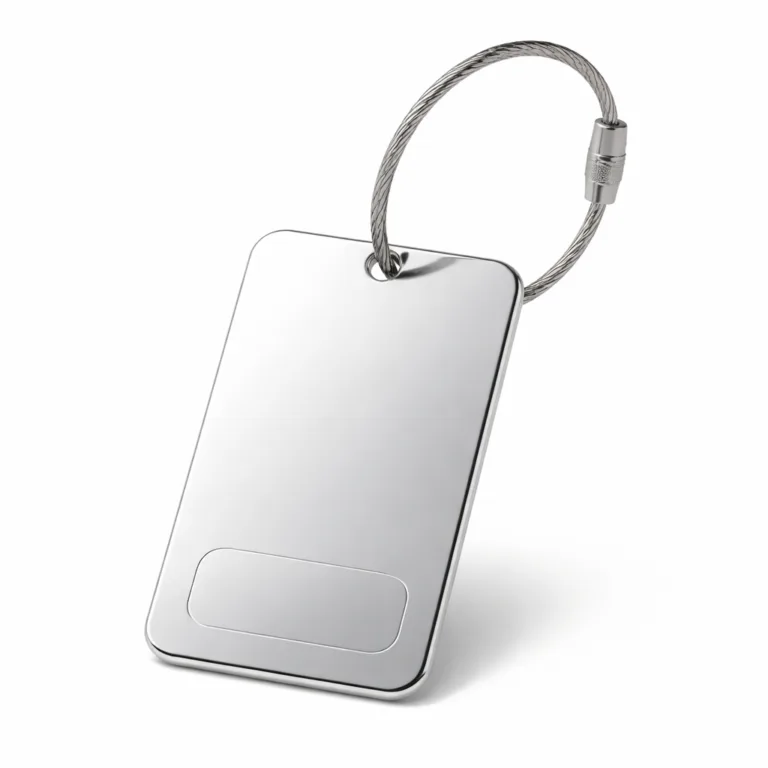 A stainless steel bag tag featuring a mirror polished finish with rounded corners, highlighting a smooth reflective surface. Designed for clarity, perfect for premium luggage and bags.