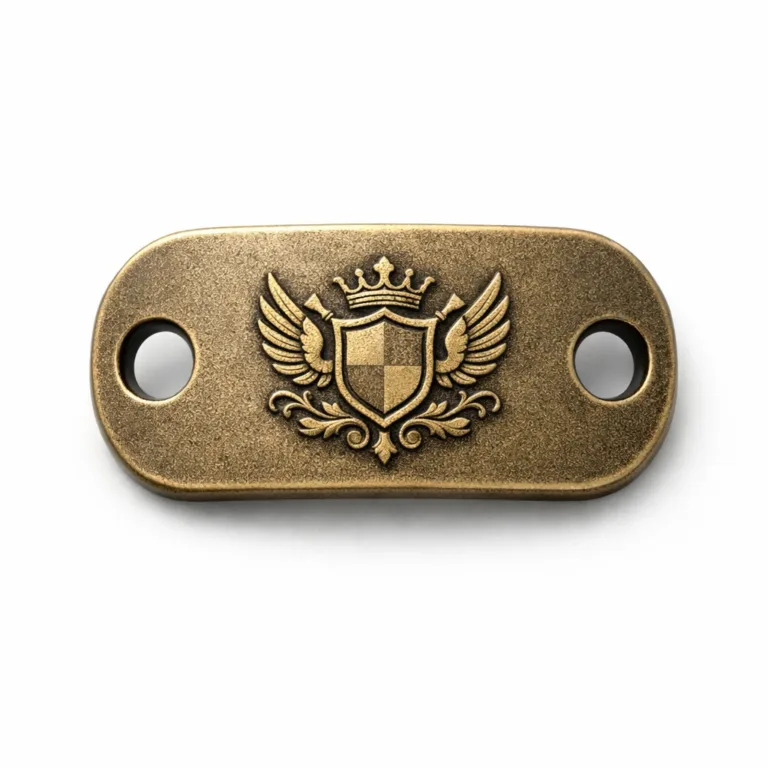An antique brass bracelet tag with sandblasted matte surface, double holes for attachment, and an embossed blank emblem. Photographed with sharp, high realism under commercial lighting on a white background.