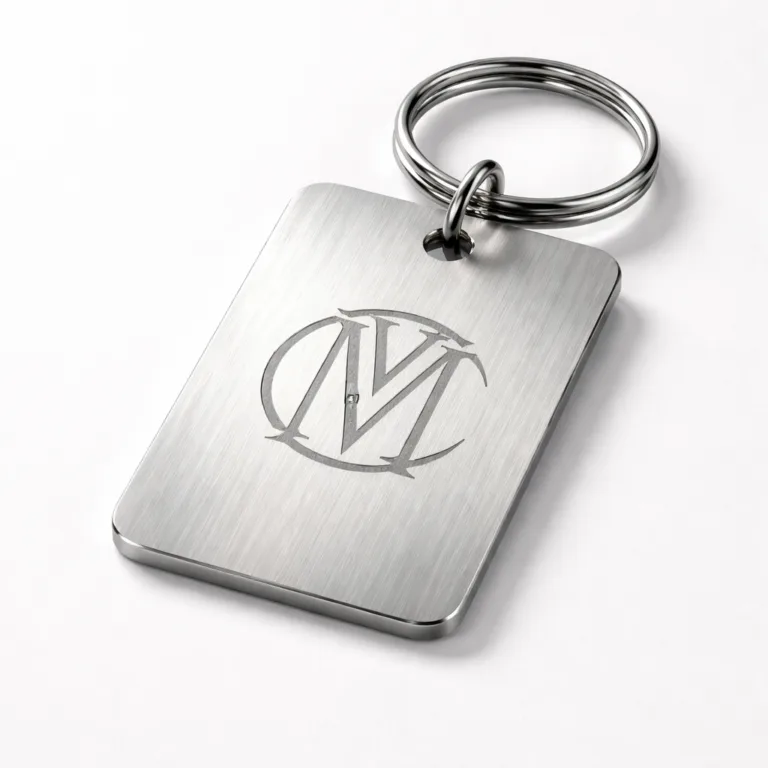 A single brushed stainless steel bag tag, featuring a laser-engraved monogram logo with rounded corners and a secure split ring attachment. Crisp studio lighting highlights the brushed texture and precise engraving.