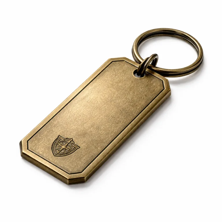 A classic antique brass luggage tag with decorative chamfered edges and a deeply debossed emblem, designed for style and durability, includes a sturdy split ring.