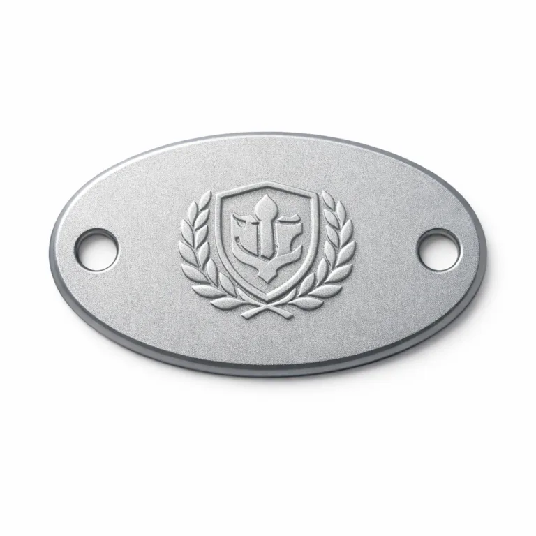 A sleek anodized aluminum oval bag tag featuring a sandblasted matte texture for a refined feel. The tag has an embossed emblem on the front and double holes for secure attachment with a split ring.