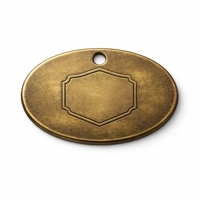 This antique brass oval bag tag features rounded corners and an etched blank emblem for a vintage appearance. A single hole accommodates a ball chain for classic luggage attachment.
